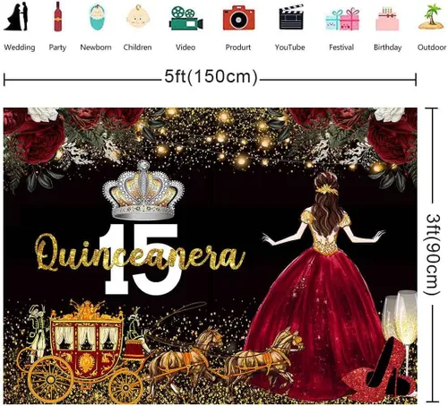 Miniatura 2 de Vestido rojo, fondo de flores de rosa, telón de fondo de cumpleaños de quinceañera para niña, princesa, feliz cumpleaños 15, carruaje de fotografía