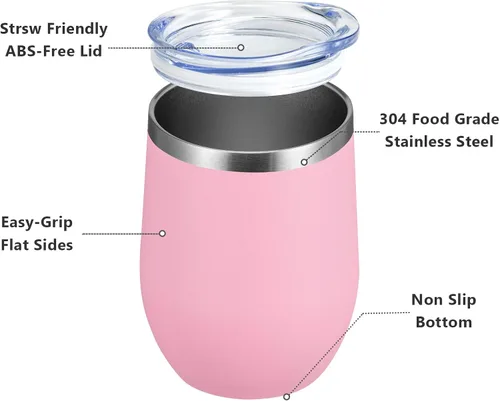 Miniatura 2 de MEWAY - Juego de 12 vasos de vino de 12 onzas con tapa, vasos de viaje de acero inoxidable con aislamiento al vacío de doble pared, sin tallo