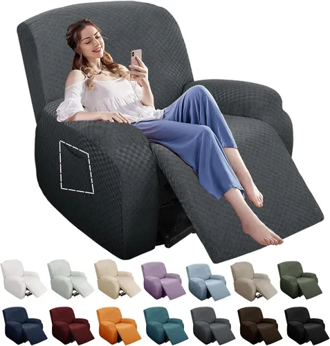 Miniatura 43 de YEMYHOM Funda elástica de 4 piezas para silla reclinable de jacquard con bolsillo lateral, antideslizante, ajustable, protector de muebles con parte