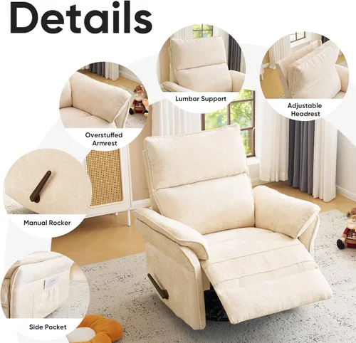 Miniatura 7 de Rocking Chair Nursery with Adjustable Headrest,Manual Swivel Rocker Recliner Nursery Chair with Overstuffed Armrest,Glider Rocker Recliner for