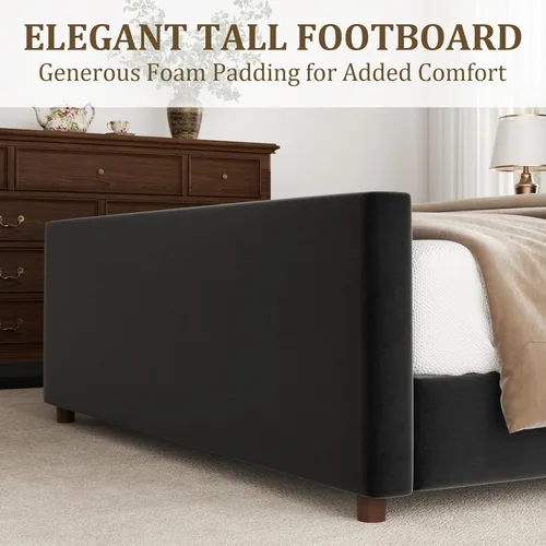 Miniatura 6 de Base de cama tamaño Queen, plataforma tapizada de terciopelo con cabecera y estribo de 62 pulgadas de alto, diseño de rayas verticales, somier Negro