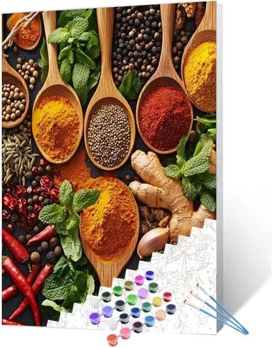 Variedad de especias y hierbas kits de pintura por números, 16 x 20 pulgadas, lienzo de condimento de cocina, pintura al óleo para niños, adultos
