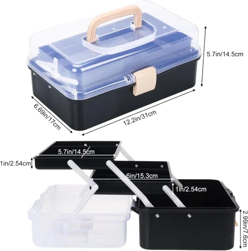 Miniatura 2 de Organizador de manualidades, caja de aparejos plegable portátil de 3 capas, caja de herramientas de plástico con asa para suministros de costura