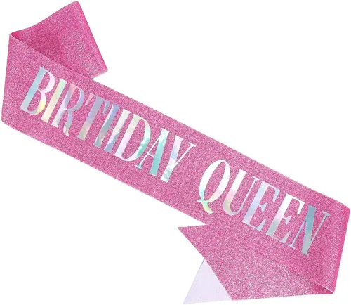 Banda de cumpleaños Queen rosa, letras de papel de aluminio deslumbrante con purpurina para mujeres 21, 30, 40, 50, 60, regalos divertidos para
