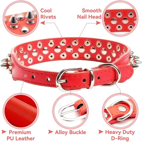 Miniatura 5 de Collar de perro y gato rojo con púas pequeñas para perros pequeños y medianos machos hembras – Collar ajustable con tachuelas – Collar de perro
