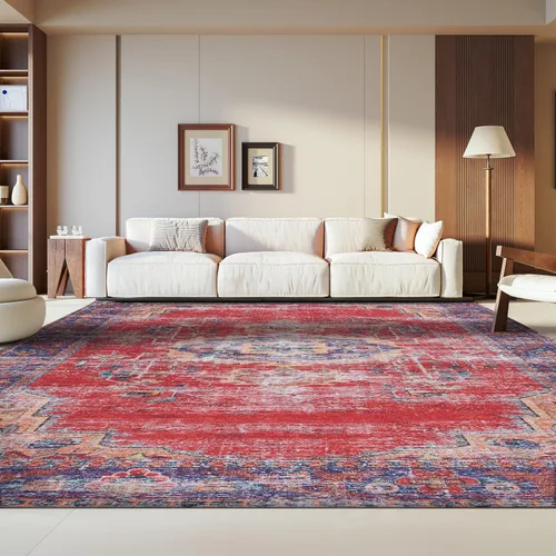 Miniatura 11 de SAFAVIEH Tucson Collection - Alfombra lavable de 2 pies 6 x 8 pies, color rojo y azul marino, antideslizante, ideal para zonas de alto tráfico