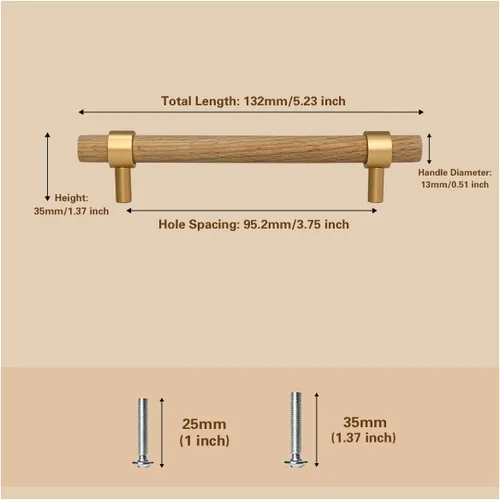 Miniatura 5 de Paquete de 6 tiradores de madera para cajones, manijas de madera de haya, 3-3/4 pulgadas, accesorios de madera para armarios, aparadores