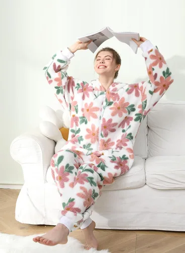 Miniatura 6 de Focupaja Pijama mullido con capucha para mujer, con cremallera, forro polar cálido, estampado de una pieza, ropa de dormir de invierno para Navidad