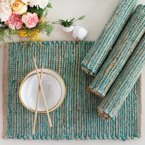 Chardin Home Juego de 4 manteles individuales de yute natural y turquesa aguamarina, manteles individuales rústicos hechos a mano, bohemios, de 13 x