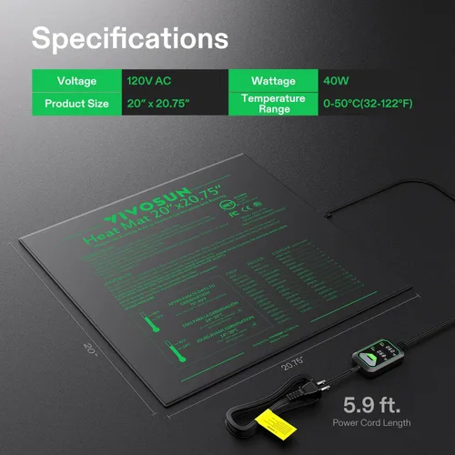 Miniatura 8 de VIVOSUN Alfombrilla de calor para plántulas de 20"x20.75" con controlador de temperatura incorporado, almohadilla térmica para plantas certificada