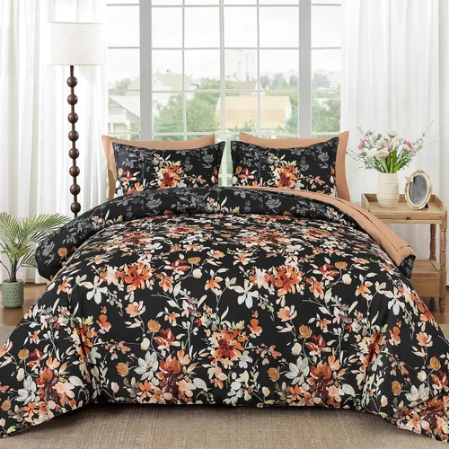 Miniatura 10 de Juego de edredón tamaño Queen, 7 piezas, juego de edredón floral negro y rosa, juego de ropa de cama en una bolsa tamaño Queen con patrón de flores