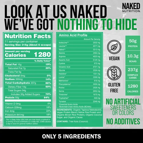Miniatura 6 de NAKED Vegan Mass - Ganador de peso vegano de chocolate - 1,280 calorías, sin OGM, sin soja ni gluten, sin ingredientes artificiales - 8 libras a