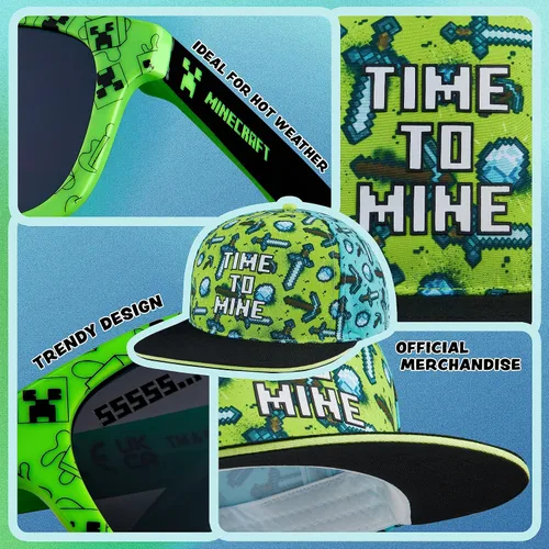 Miniatura 4 de Minecraft Juego de gorra de béisbol y lentes de sol para niños, sombrero ajustable para niños, 100% protección UV, lentes de sol para niños