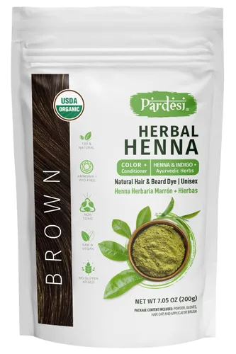 Pardesi Henna Brown orgánico 7.05 oz - Tinte natural para el cabello y tratamiento acondicionador | Halal, sin OMG, vegano | Sin productos químicos