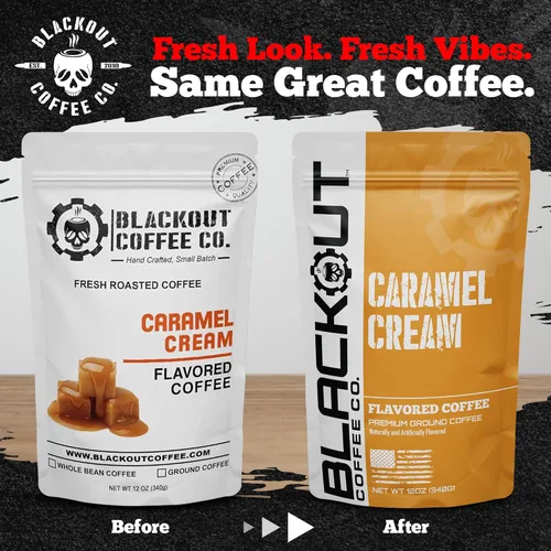 Blackout Coffee - Café molido con sabor a crema de caramelo, tostado medio, sabor suave, indulgencia sin culpa, bolsa de 12 onzas recién tostadas.