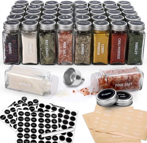 Antimbee Paquete de 40 frascos de vidrio para especias de 3.5 oz con 324 etiquetas, tapas agitadoras y tapas de metal herméticas, botellas cuadradas