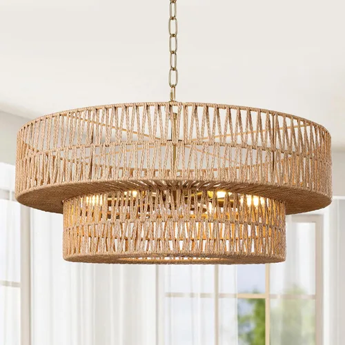 Miniatura 13 de LamQee Candelabros de Ratán Estilo Granja de 22 Pulgadas, Lámpara de Araña Boho de 5 Luces con Pantalla de Mimbre Tejida a Mano, Luces Colgantes