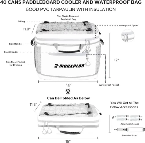 Miniatura 3 de MORXPLOR Waterproof PVC Material Paddleboard Cooler Deck Bag,40 cans Sup Deck Cooler Bag,Cooler Bag for Paddleboard,Lunch Box Cooler Insulated Blanco