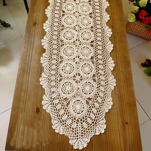 Miniatura 3 de Camino de mesa de encaje de ganchillo hecho a mano, de algodón, ovalado, tapete, tocador, bufanda, decoración, 15 x 27 pulgadas, beige