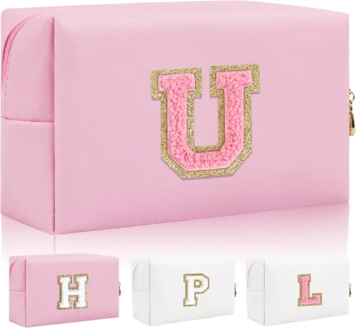 Miniatura 29 de Bolsa de maquillaje con parche de letra inicial personalizada, bolsa de cosméticos de chenilla preppy con letra de chenilla con cremallera, Y
