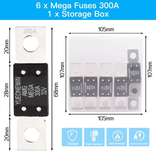Miniatura 2 de Fusibles MEGA/AMG de 300 A, 6 fusibles de alta corriente 300A MEGA/AMG con perno, retardo de tiempo del fusible automático para automóviles