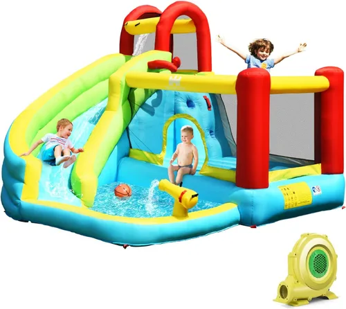 Miniatura 11 de HONEY JOY Tobogán acuático inflable y casa de rebote con piscina de chapoteo, pared de escalada, tobogán acuático inflable para interiores