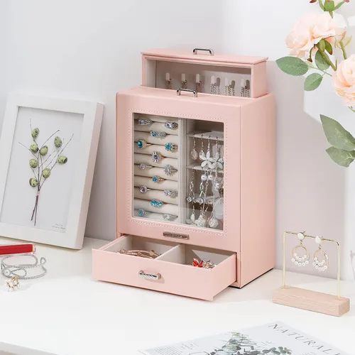Miniatura 8 de Homde Organizador de joyas para niñas y mujeres, joyero para collares, anillos, aretes, estuche de almacenamiento de joyas (rosa melocotón)