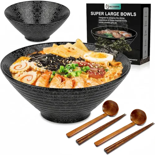 Miniatura 9 de NJCHARMS Juego de 2 cuencos de cerámica para ramen, cuencos de sopa de fideos japoneses de 42 onzas con cucharas y palillos para sopa de ramen