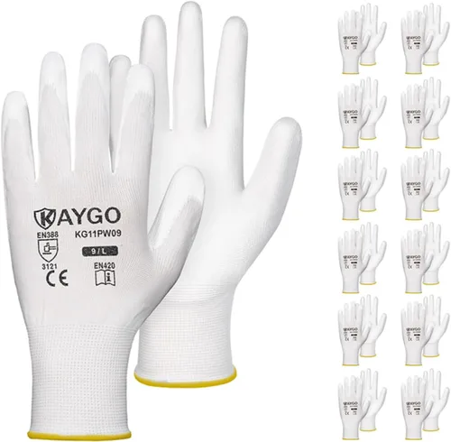 Miniatura 98 de KAYGO KG11PB - Guantes de seguridad con revestimiento delgado de poliuretano, tejido sin costuras, agarre suave en palma y dedos, para trabajo Verde