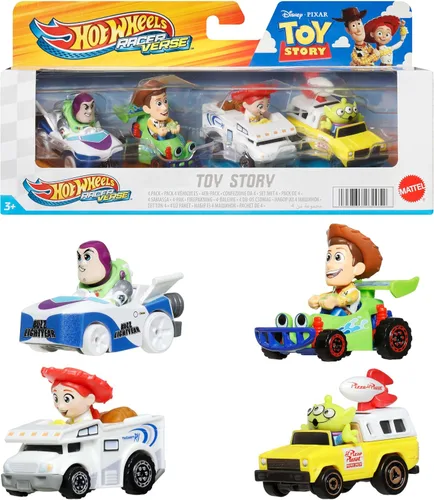 Miniatura 10 de Hot Wheels - Autos de juguete fundidos a presión, paquete de 4 vehículos RacerVerse con personajes de Jurassic World Charlie, Owen, Dilophosaurus