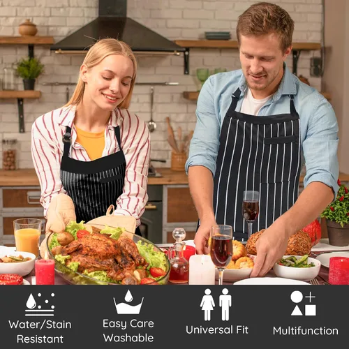 Miniatura 2 de Paquete de 2 delantales de cocina a rayas para hombres y mujeres, delantal ajustable con 3 bolsillos, delantal de chef para cocinar, hornear
