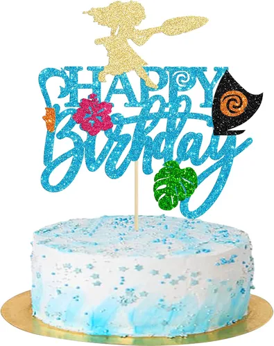 Gyufise 1 pieza de decoración para pastel de cumpleaños Moana con purpurina de hoja de palma, flor de moana para pastel tropical hawaiano Luau, baby