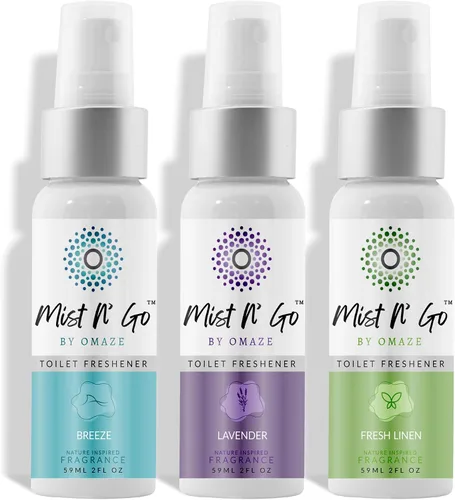 Mist N' Go by OMAZE - Paquete de 3 aerosoles aromáticos para inodoro para excrementos – Spray eliminador de olores de baño antes de sentarse en el