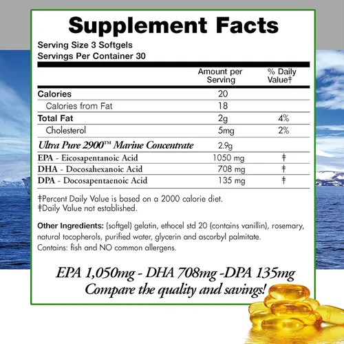 Miniatura 5 de Aceite de pescado Omega 3 DPA 2,900 miligramos de triple fuerza ultra puro concentrado, EPA-DPA-DHA, cápsulas blandas - 30 porciones