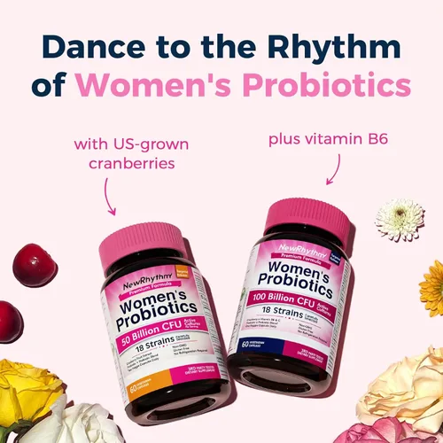 Miniatura 6 de NewRhythm Probióticos para mujeres, arándano orgánico, 50 mil millones de UFC, 18 cepas, probióticos con prebióticos, apoyan la salud digestiva,