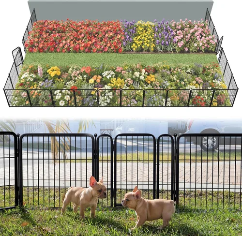 Miniatura 22 de FXW - Valla de jardín metálica y resistente para exteriores, barrera para perros y conejos, fácil instalación, negro, 24 pulgadas de alto x 29.6