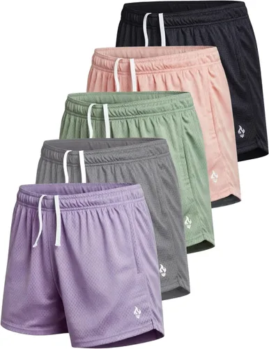 Miniatura 8 de Liberty Imports Paquete de 5 pantalones cortos deportivos de malla para mujer, entrepierna de 5 pulgadas, pantalones cortos sueltos con bolsillos