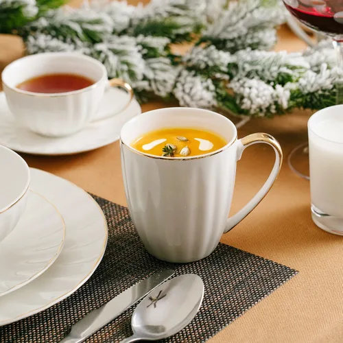 Miniatura 6 de BTaT - Juego de 6 tazas de café blancas (12 onzas), juego de tazas de café blancas de porcelana con diseño de ribete dorado, regalos de Navidad