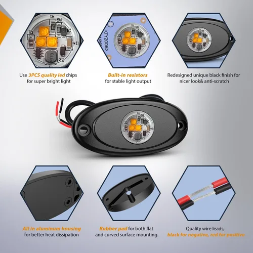 Miniatura 3 de Nilight Luz LED Rock 4 unidades ámbar bajo la rueda de pozo guardabarros vainas impermeables exteriores debajo de la carrocería lámparas laterales