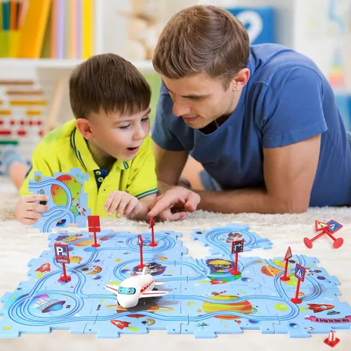 Miniatura 3 de Rompecabezas de Piso de Plástico para Niños con Coche de Juguete de Avión, Conjunto de Juego de Coches de Pista con Rompecabezas, Juguetes