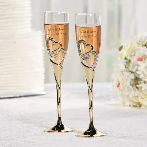 Miniatura 4 de Fun Express Flautas de boda personalizadas prémium con corazón apilado dorado - Decoración para el hogar