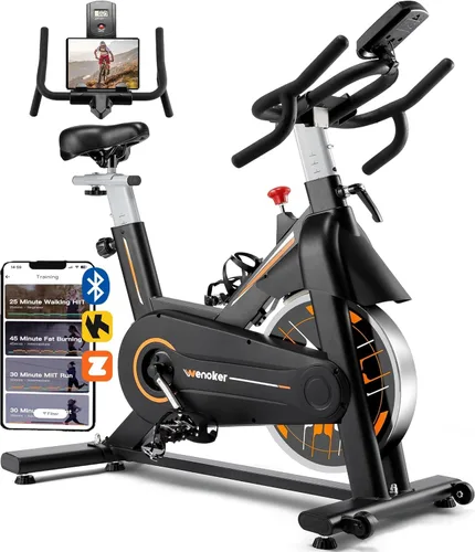 Exercise Bike, Wenoker Stationary Bike for Home App Sync Indoor Bike with Adjustable Seat and Multi-grips Handlebar, Transport Wheels and Fitness