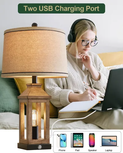 Miniatura 4 de G-SAFAVA Lámparas de mesa de granja de 23.75 pulgadas, puertos de carga USB A+C, lámpara de control táctil regulable de 3 vías, luz nocturna