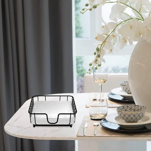 Miniatura 7 de Paquete de 2 servilleteros para mesa, servilleteros para servilletas de papel, servilleteros de metal plano negro para cocina y mesa de comedor