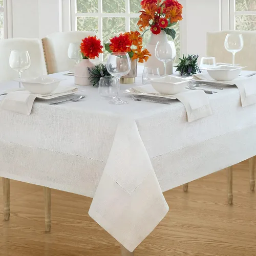 Miniatura 11 de Elrene Home Fashions Villeroy and Boch New Wave - Mantel de tela de lino con borde metálico, redondo, 90 pulgadas, blanco/plateado