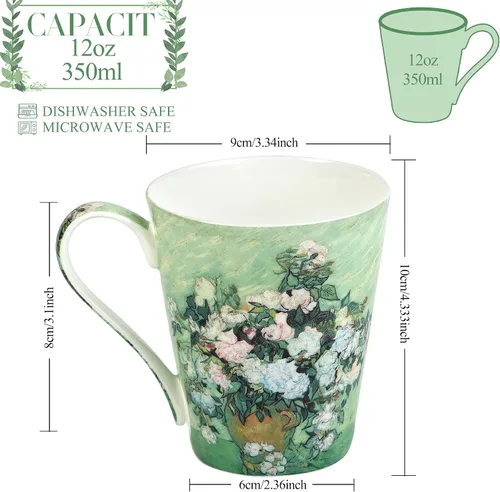 Miniatura 3 de Juego de 4 tazas de café, tazas de porcelana de porcelana de hueso de 12 onzas con impresión artística, mango grande, apto para lavavajillas