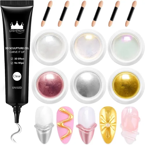 Miniatura 18 de Kit de gel de uñas 3D y polvo de uñas cromado BISHENGYF: 0.53 oz No Wipe Gel de Escultura 3D Aurora Rosa Azul Oro Cromo Polvo de uñas con pegamento