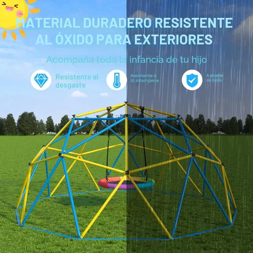 Miniatura 5 de Cúpula de escalada de 10 pies con columpio de arcoíris, gimnasio de jungla de metal antióxido para exteriores e interiores, equipo de juego