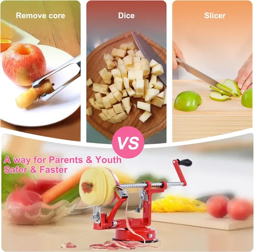 Miniatura 4 de Pelador de manzanas, cortador de patatas 3 en 1, acero inoxidable resistente con base de ventosa y 3 cuchillas adicionales (rojo)