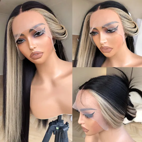 Peluca de encaje frontal con rayas de zorrillo BrownBomb, peluca de encaje frontal precosida lista para usar, pelucas de encaje frontal sintéticas